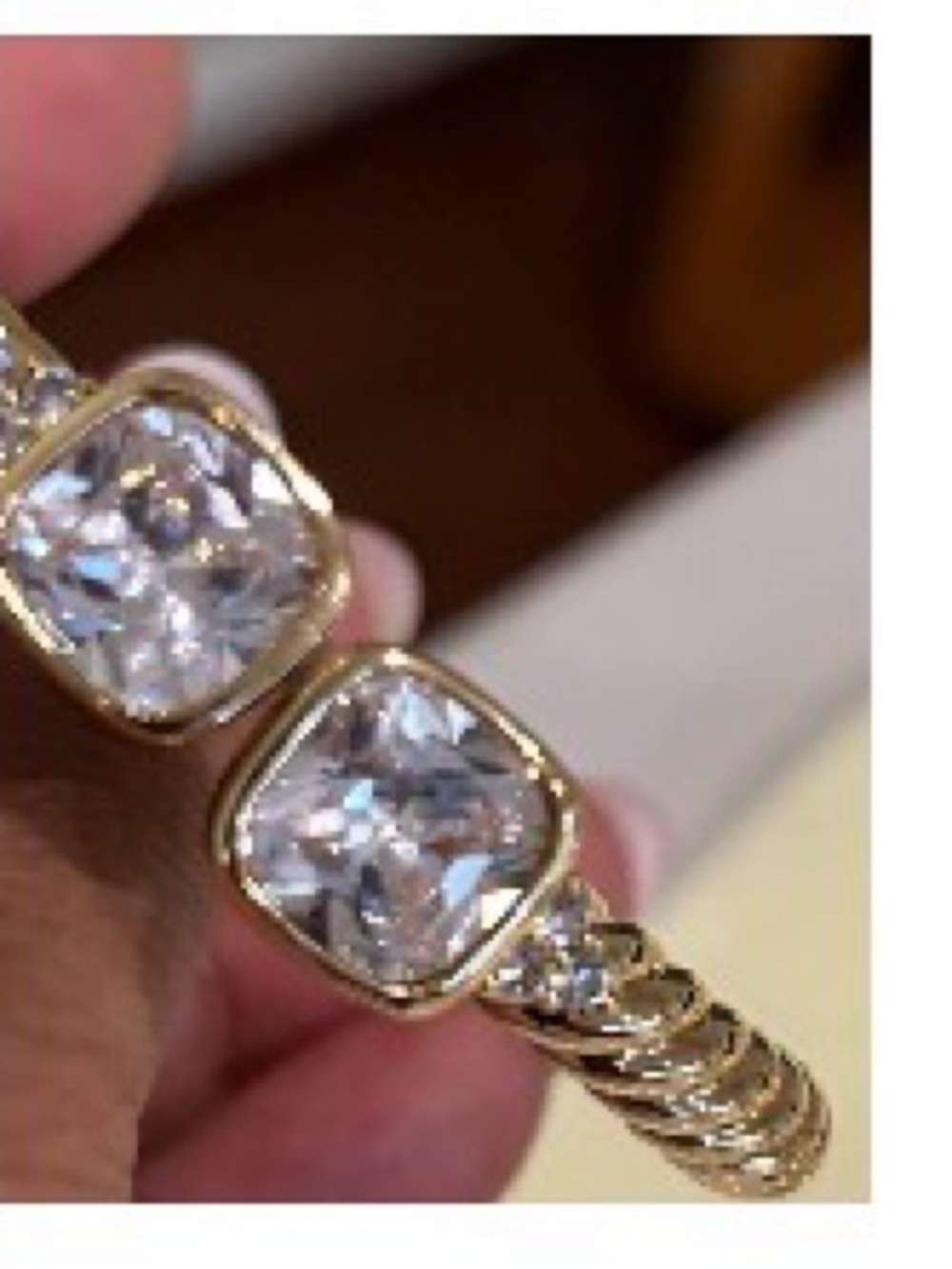 Gold Crystal Cushion-Cut Hinged Bangle Bracelet